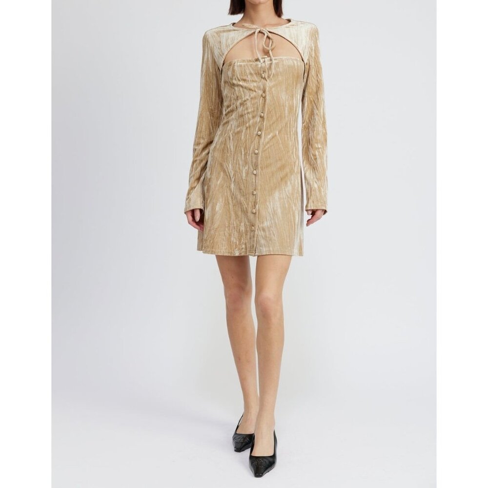 Emory Park Womens Long Sleeve Mini Dress Front Cutout Velvety Tan size Small